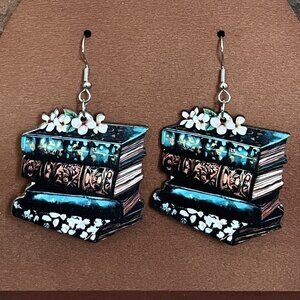 Turquoise Tooled Antique Books Wood Earrings